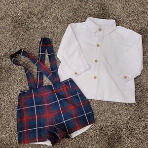 Del Sur Kids 9M Plaid Suspender Shorts and White Button Down Shirt 2 Piece Set